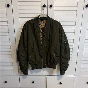 Topshop Green Bomber Jacket with Ribbed Collar and Elastic Cuffs